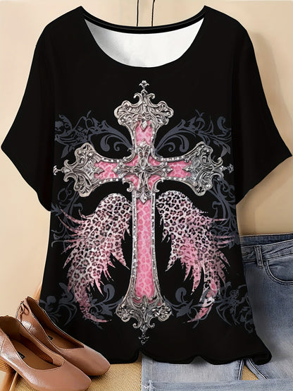 Großgröße, Damen T-Shirt mit Leopardenmuster, Kreuz- und Engelsflügel-Grafik - Dehnbares, atmungsaktives Freizeitoberteil, rosa/schwarzes Design, maschinenwaschbar