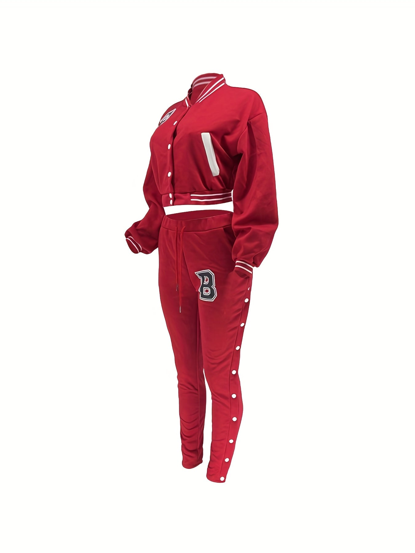 Damen-Set aus roter Jacke und Hose - Lässiges Polyester mit Buchstaben-„B“-Aufnähern, Knopfverschluss und gestreiften Akzenten