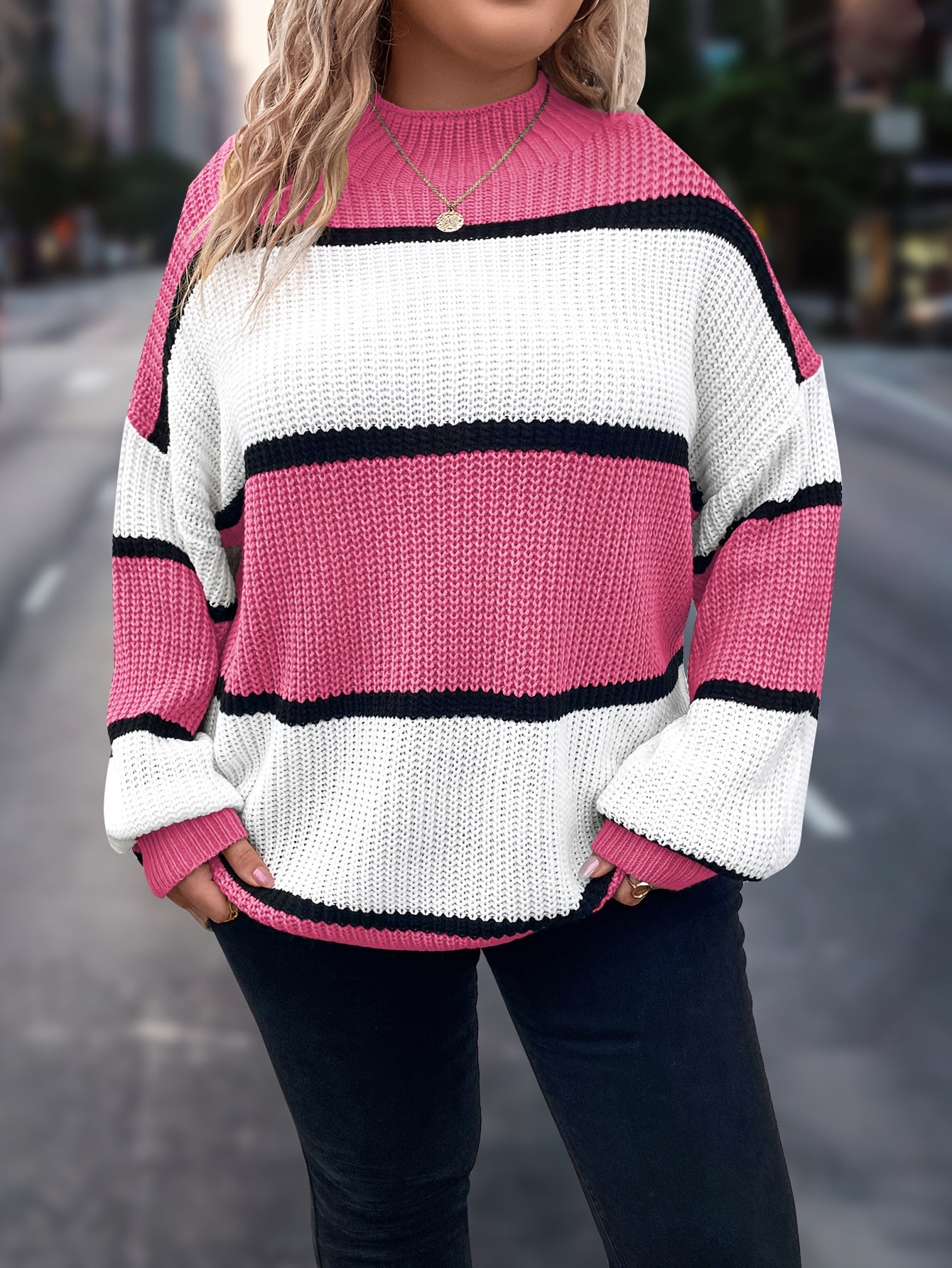 Übergröße, Neuer gestreifter Pullover für Damen Herbst/Winter, Farbblock-Lässig-Stil, Langarmshirt mit Rundhalsausschnitt