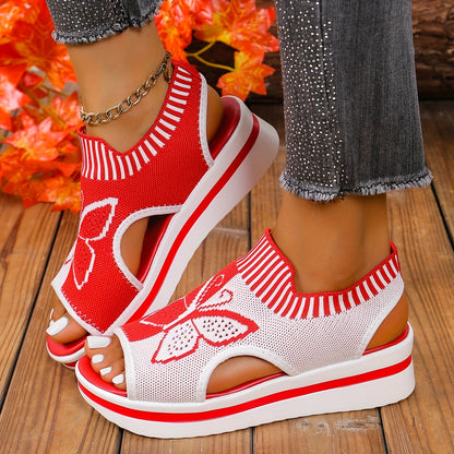 Atmungsaktive gestrickte Mesh-Damen-Casual-Sandalen mit Schmetterlingsmuster | Offene Zehen, Riemchen hinten, Positionierungsdruck, Synthetisches Kunstleder-Fußbett, Stoffinnendetails, TPR-Sohle