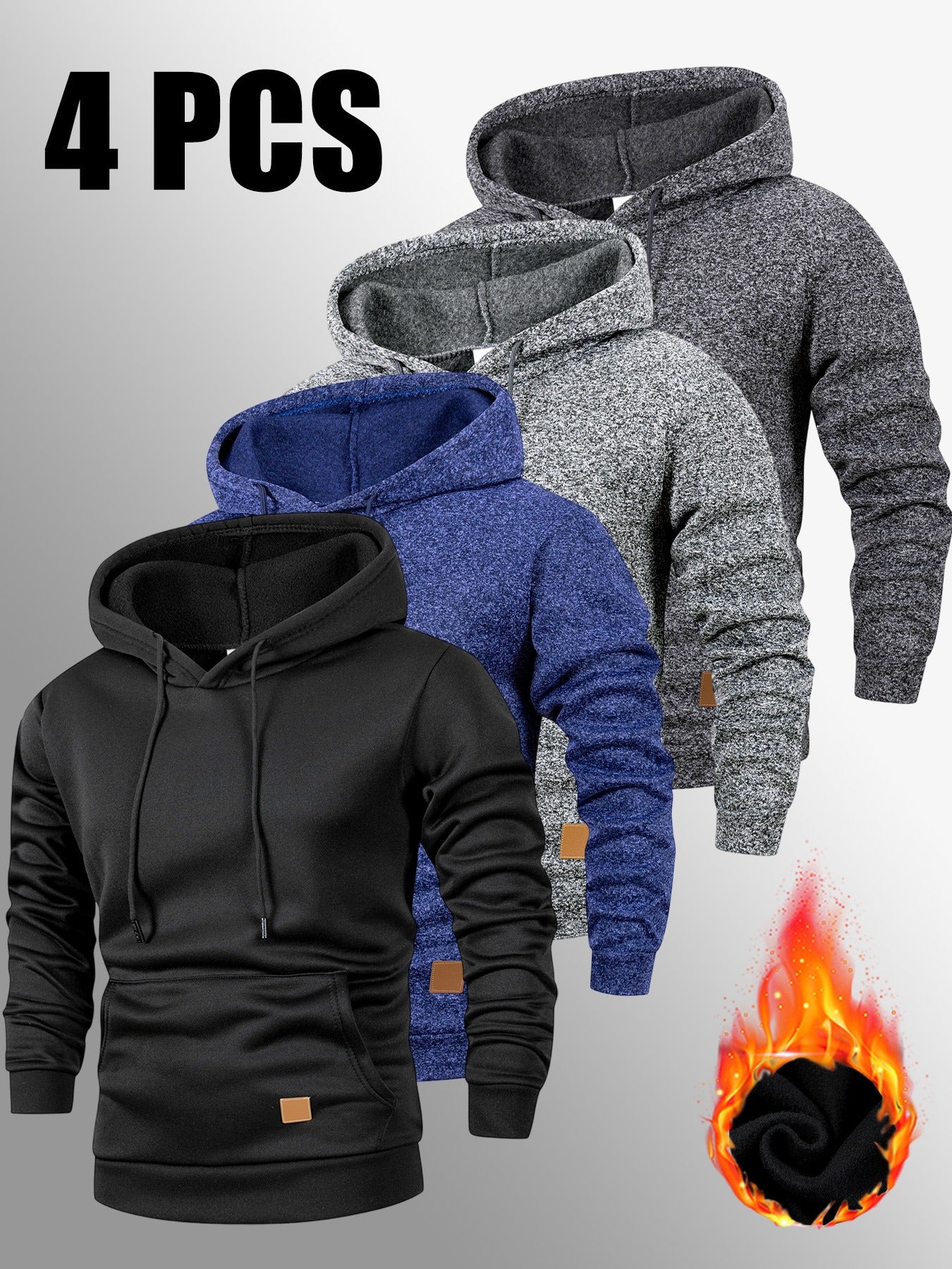 4er-Set Warmes Kapuzenpullover-Set, Herbst-Winter Freizeit Minimalistisches einfarbiges Langarm-Thermooberteil mit Kängurutasche und verstellbarer Kapuze mit Kordelzug
