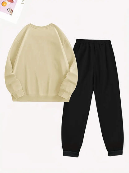 2-teiliges künstlerisches, elegantes Grafik-Slogan-gedrucktes Y2K-Stil neues Damen-Casual-Sport Set mit Rundhals-Pullover mit langen Ärmeln und Hose