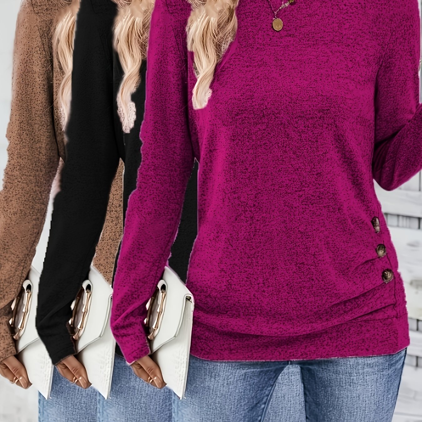Übergrößen - 3-teiliger Damen-Set: Locker sitzendes Langarm-Casual-Top mit seitlichen Knöpfen | Rundhalsausschnitt, mittlere Dehnbarkeit, einfarbig für Herbst/Winter