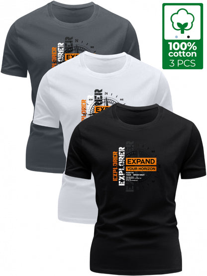 3 Stück - 100% Baumwolle T-Shirt mit Abenteuer-Stil Kompassdruck, lässiges Rundhals-Design, sommerliches trendiges Herrenoberteil