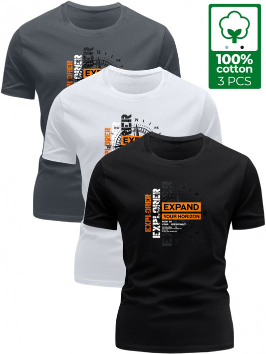 3 Stück - 100% Baumwolle T-Shirt mit Abenteuer-Stil Kompassdruck, lässiges Rundhals-Design, sommerliches trendiges Herrenoberteil