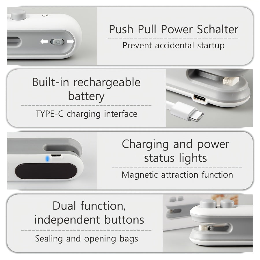 1 Stück tragbarer magnetischer USB-wiederaufladbarer Taschenversiegeler mit eingebautem Akku,  Kunststoff-Versiegelungsmaschine  USB-Mini-Versiegeler für Beutelverschlüsse