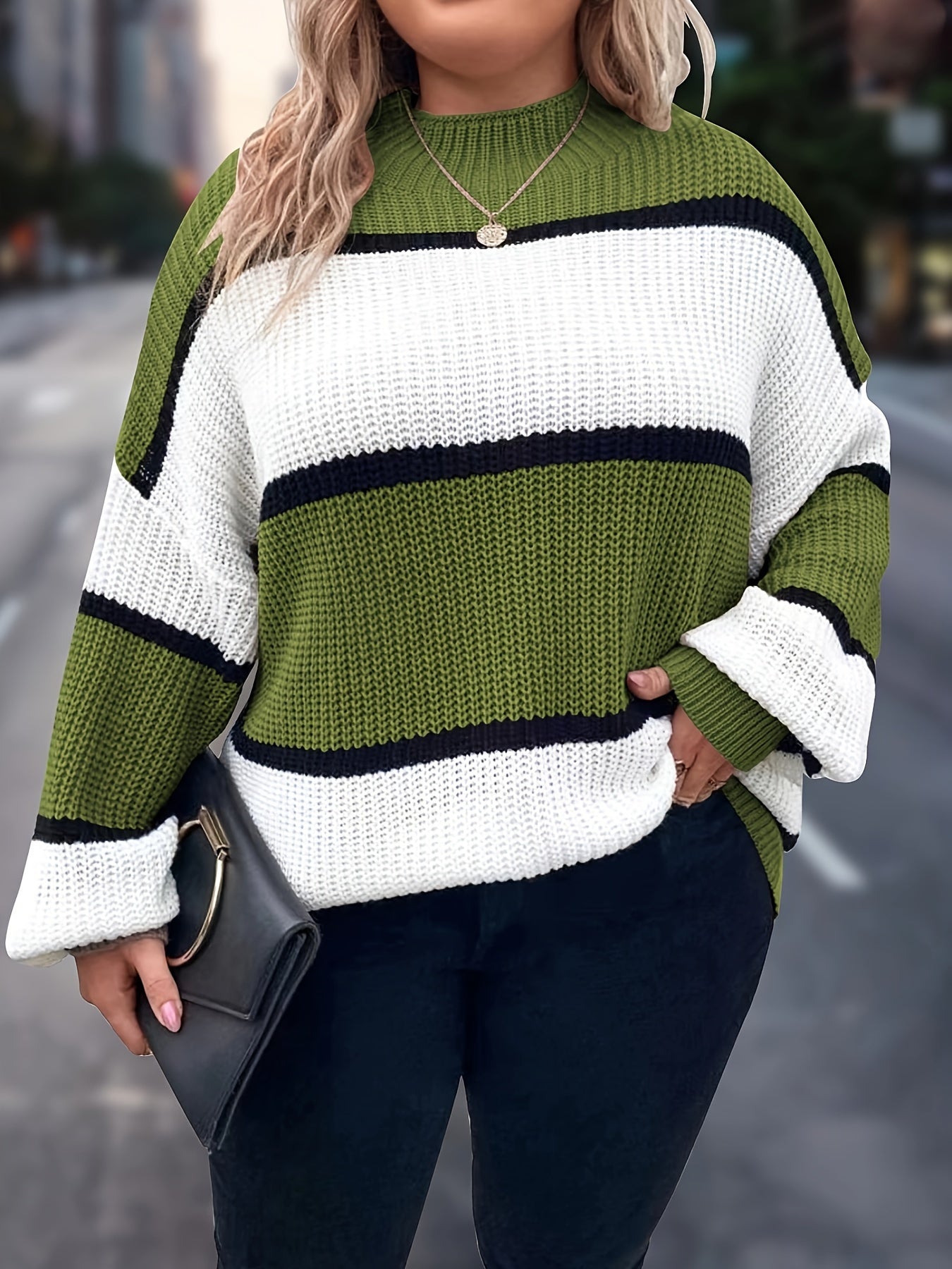Übergröße, Neuer gestreifter Pullover für Damen Herbst/Winter, Farbblock-Lässig-Stil, Langarmshirt mit Rundhalsausschnitt