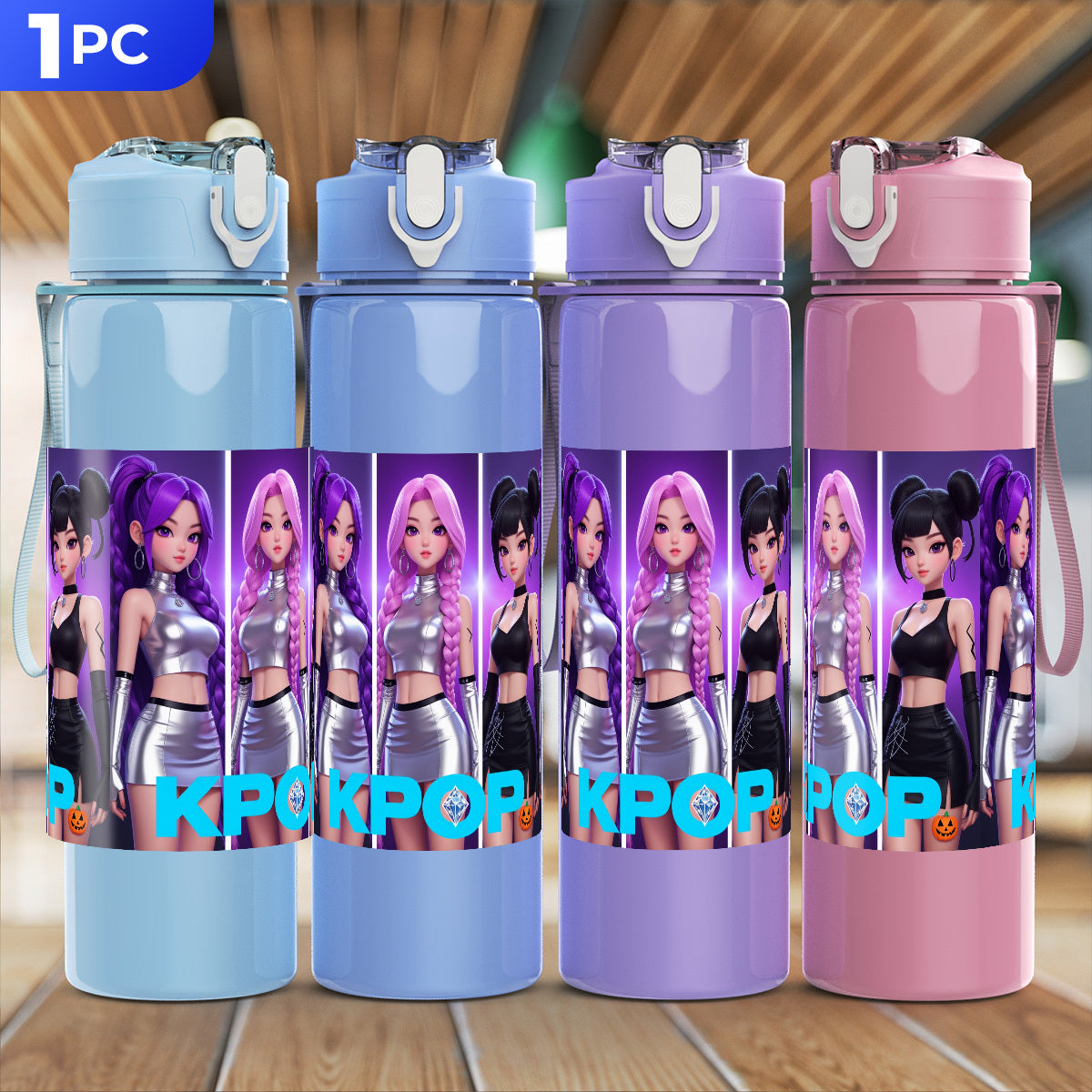 Plastikwasserflasche, Kpop-Mode-Design, Geeignet für Camping, Fitnessstudio, Picknick, Große Kapazität, Leicht zu reinigen, Leicht, Tragbar, 25oz/750ml, Perfektes Geschenk zum Geburtstag