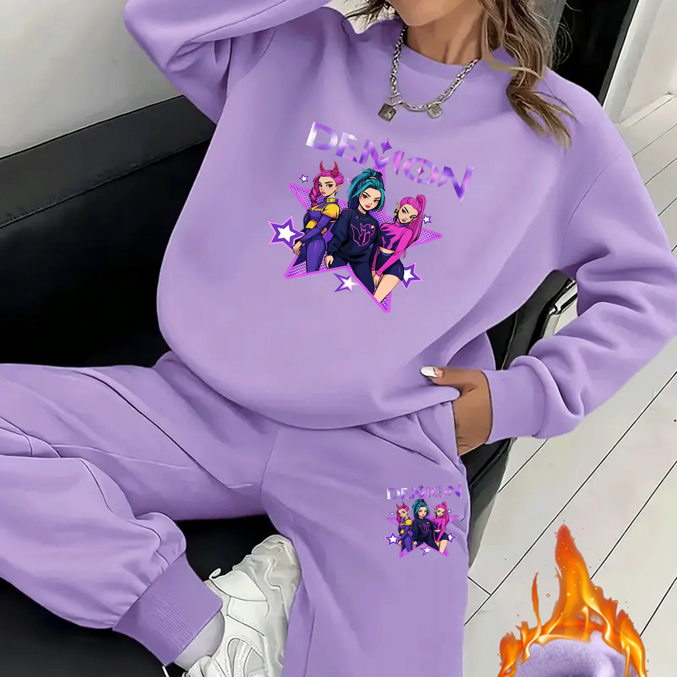 Sweatshirt/Sweatpants Set, Futter aus Fleece und kreativen „HUNTERS“-Charakterdrucken, Jogginganzug, mit Fleece gefüttert und verdickt warmes Sweatshirt