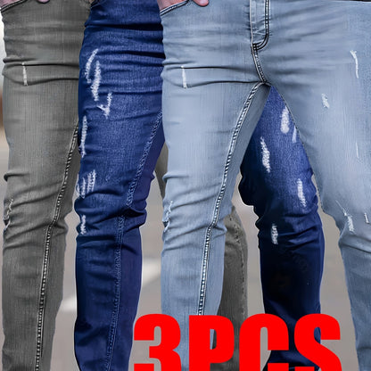 3er-Set Herren-Jeans mit elastischem Bund, Slim Fit, mittlere Dehnbarkeit, einfarbig, normale Länge, gewaschene Details, für alle Jahreszeiten geeignet