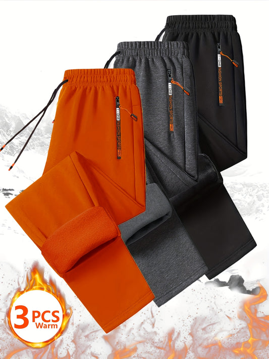 3 Stück Herren Winter Warme Fleece-Sweatpants mit Reißverschlusstaschen , einfarbig, Fitnessstudio & Outdoor-Aktivitäten, Trainingshose