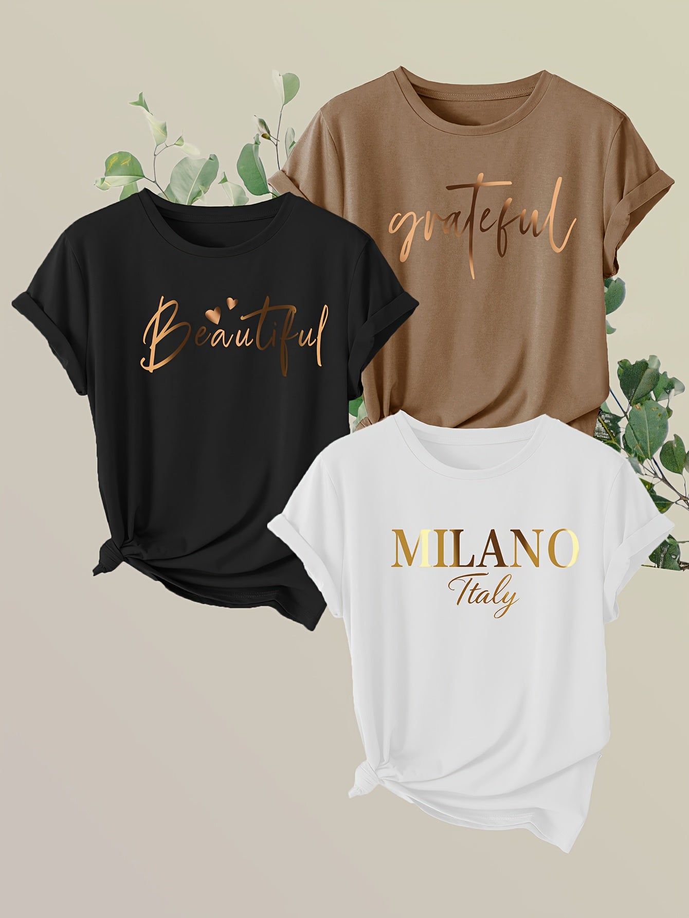 3er-Pack Damen-T-Shirts mit kurzen Ärmeln und inspirierendem Schriftzug - „Beautiful“, „Grateful“, „Milano Italy“