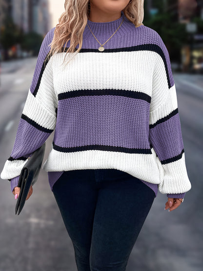 Übergröße, Neuer gestreifter Pullover für Damen Herbst/Winter, Farbblock-Lässig-Stil, Langarmshirt mit Rundhalsausschnitt