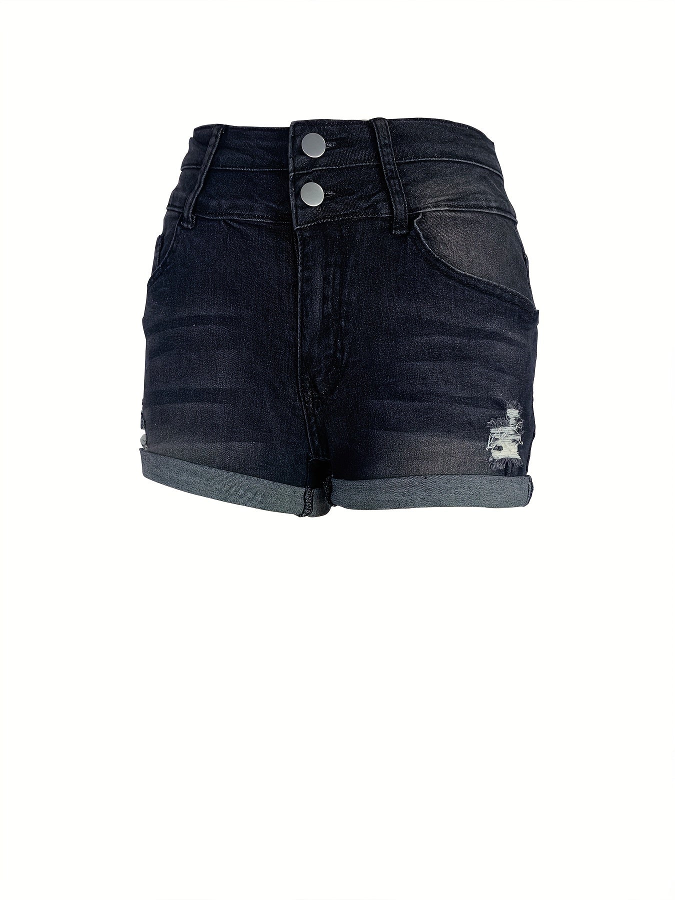 Umgeschlagene Jeansshorts mit Rissen, Mittlere Stretch-Jeansshorts mit eingeschnittenen Taschen, Damenjeans & Kleidung