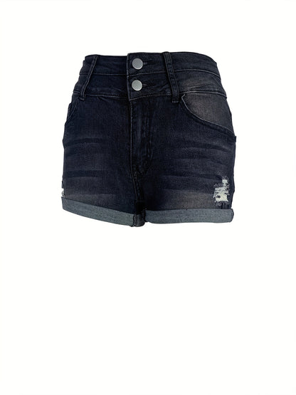 Umgeschlagene Jeansshorts mit Rissen, Mittlere Stretch-Jeansshorts mit eingeschnittenen Taschen, Damenjeans & Kleidung