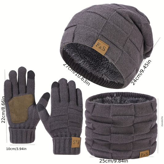 Bestseller Drei-teiliges Winter-Set aus Mütze, Schal & Handschuhen – Dick gefütterte Strick-Ohrenmütze mit verstellbarem Riemen, Unisex-Allround-Nackenwärmer für Männer und Frauen