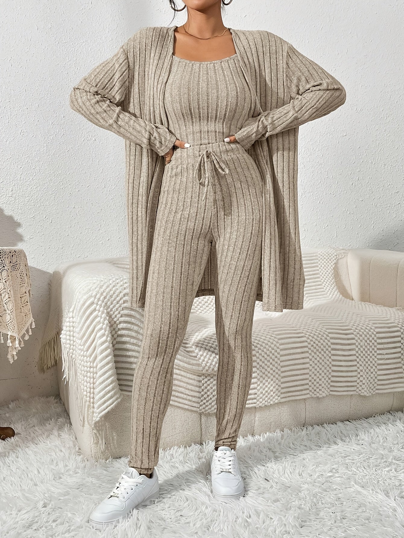 Übergröße, Damen Freizeit Strickjacke mit langen Ärmeln, Top und enge Hose Set, Übergröße Damen Herbst/Winter Dreiteiliges Hosen-Set