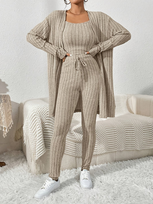 Übergröße, Damen Freizeit Strickjacke mit langen Ärmeln, Top und enge Hose Set, Übergröße Damen Herbst/Winter Dreiteiliges Hosen-Set