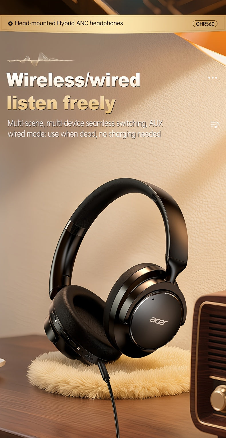 Acer Ohr560 Kabellose Kopfhörer | Over-Ear mit ANC Geräuschunterdrückung, Vollumfassendes Ohrdesign, Faltbar, Eingebautes Kondensatormikrofon, Hi-Fi Stereo Sound, HD ENC Anrufgeräuschreduzierung, Kompatibel mit 3,5-mm-Audiokabel, USA