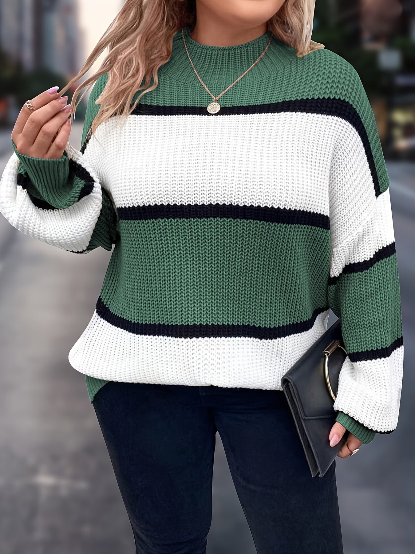 Übergröße, Neuer gestreifter Pullover für Damen Herbst/Winter, Farbblock-Lässig-Stil, Langarmshirt mit Rundhalsausschnitt