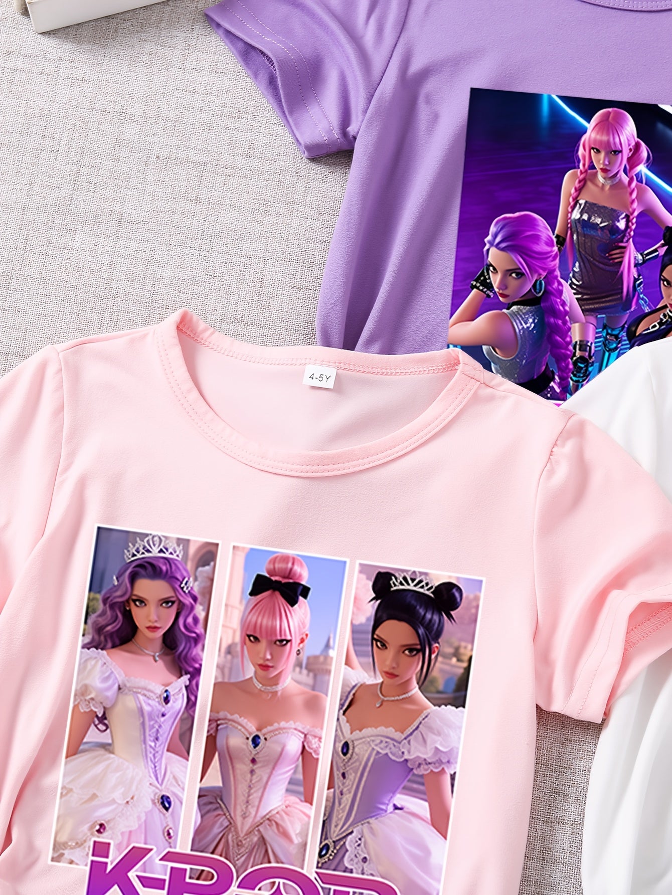 3 Stück Mädchen Sommer Kurzarm "K-POP Prinzessin Süßer Cooler Stil" Cartoon Print T-Shirts | Rundhalsausschnitt, Reguläre Passform, Lässige Strickoberteile für Mädchen