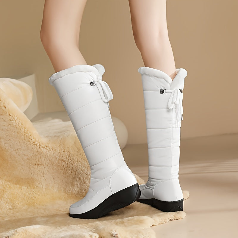 Wasserdichte rutschfeste Outdoor-Kniehohe Stiefel, warme Plüsch-Innensohle, flache Schnürung hinten, Sportsneaker, Damenschuhe