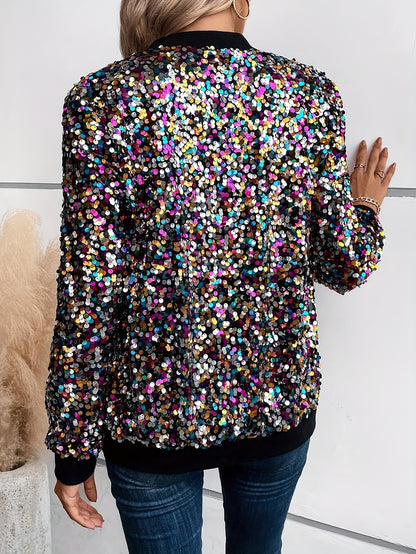 Elegante, mit Pailletten verzierte Damenjacke – schicker Bomber-Stil mit Reißverschluss, Baseballkragen, langen Ärmeln und buntem Punktmuster , aus nicht dehnbarem Polyestergewebe
