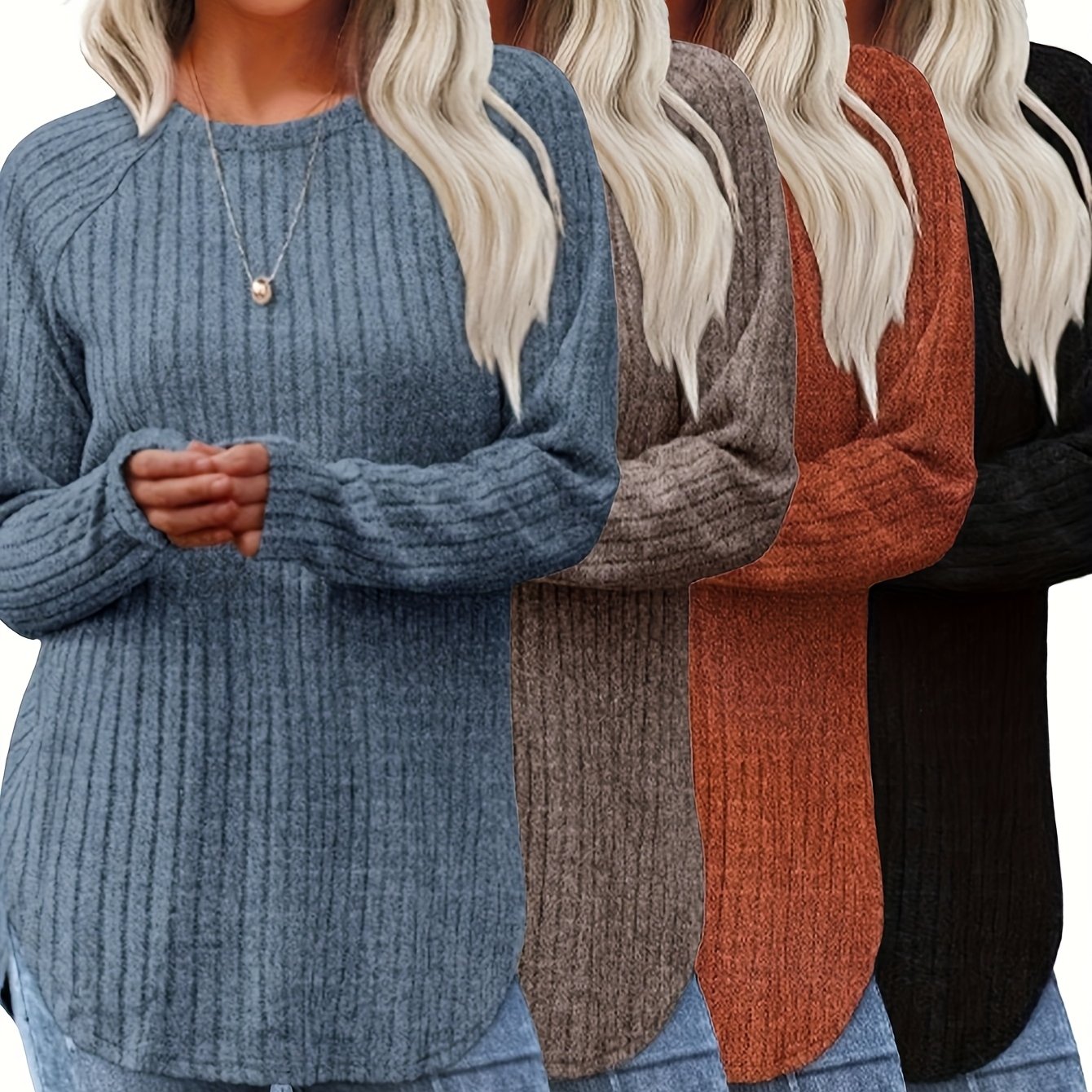 Vierteiliges Set Damenmode Oberteil Herbst Winter Basic Locker Elegant Rundhals Langarm Pullover
