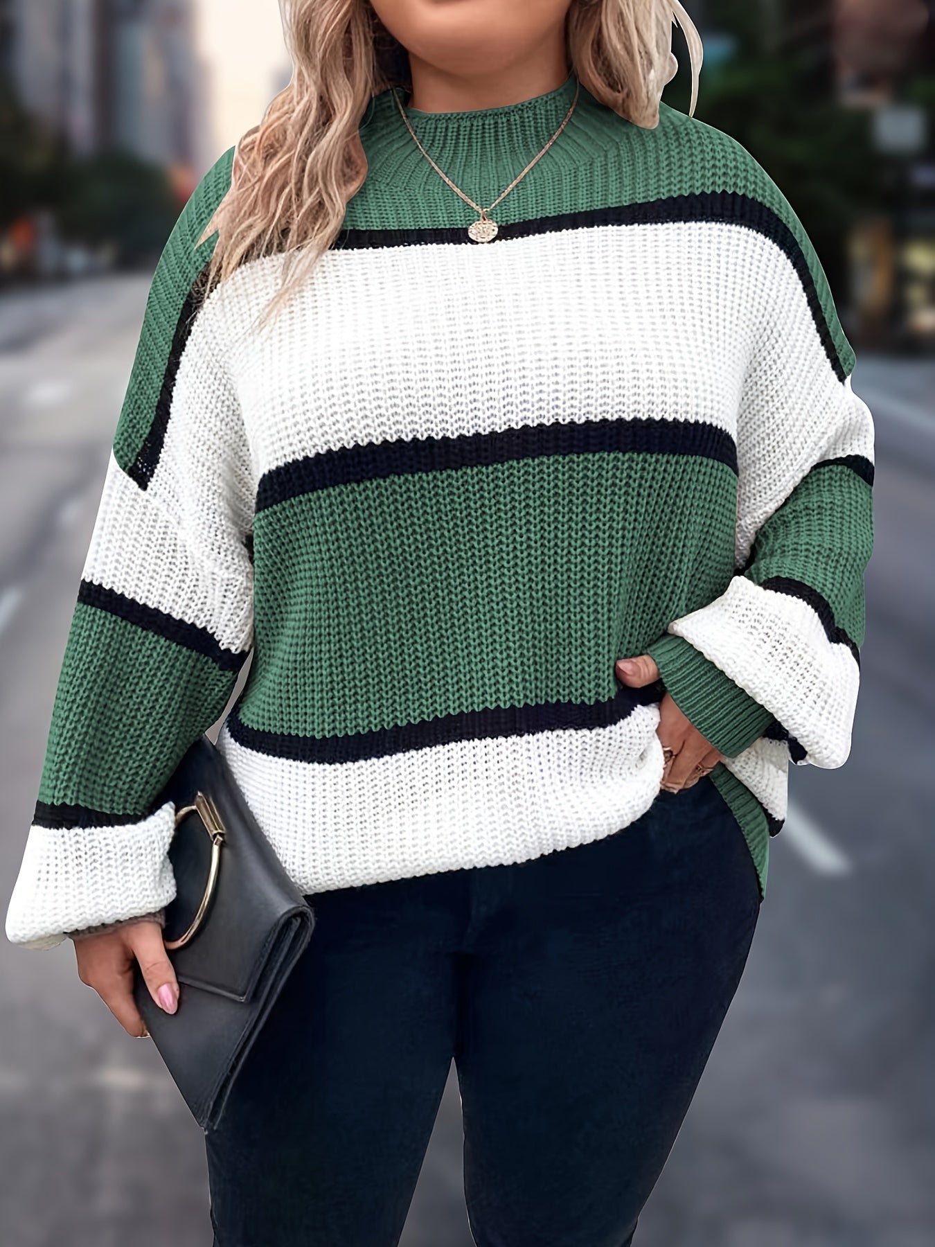 Übergröße, Neuer gestreifter Pullover für Damen Herbst/Winter, Farbblock-Lässig-Stil, Langarmshirt mit Rundhalsausschnitt