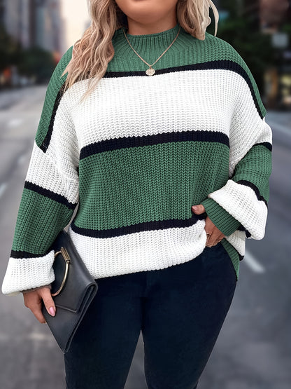 Übergröße, Neuer gestreifter Pullover für Damen Herbst/Winter, Farbblock-Lässig-Stil, Langarmshirt mit Rundhalsausschnitt