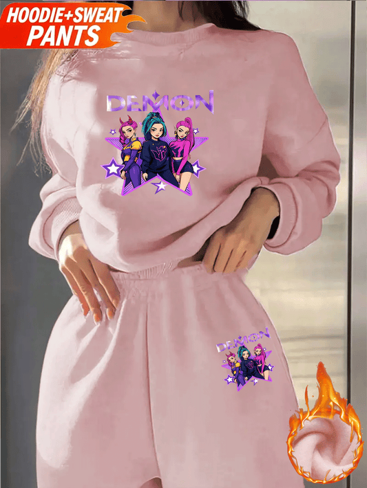 Sweatshirt/Sweatpants Set, Futter aus Fleece und kreativen „HUNTERS“-Charakterdrucken, Jogginganzug, mit Fleece gefüttert und verdickt warmes Sweatshirt