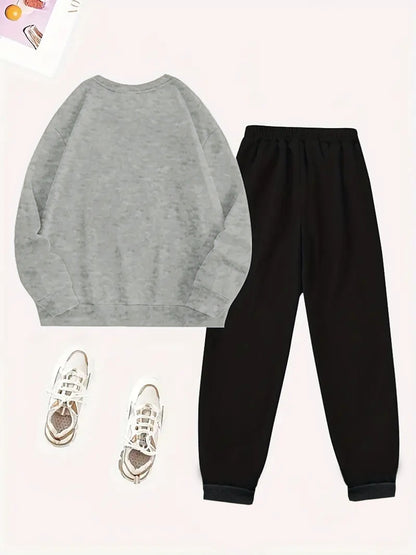2-teiliges künstlerisches, elegantes Grafik-Slogan-gedrucktes Y2K-Stil neues Damen-Casual-Sport Set mit Rundhals-Pullover mit langen Ärmeln und Hose
