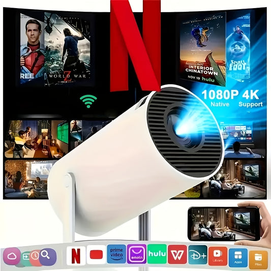4K-Projektor mit WLAN und Bluetooth, unterstützt 1080P, Filmprojektor mit automatischer Trapezkorrektur, Stereo-Lautsprecher, unterstützt Netflix und YouTube, Video-Projektor für Computer und Smartphones