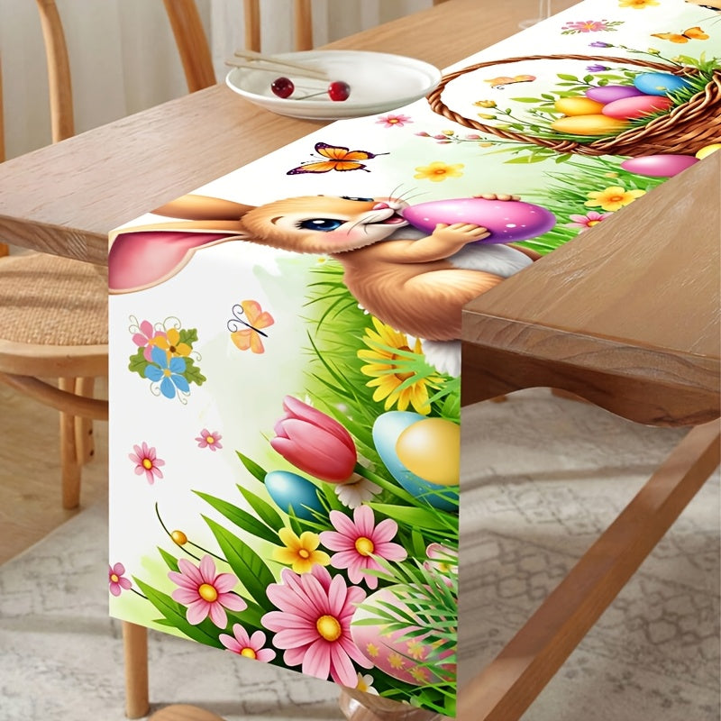1 Stk. Frühling Oster-Tischdecke, lebendige Hasen, Eier, Blumen & Schmetterlings-Design Tischdecke, saisonale Frühlings-Küchen- und Esstischdekoration, Feiertags-Party-Outdoor-Dekor, Frohe Ostern Dekorationen für Zuhause, Landhausstil