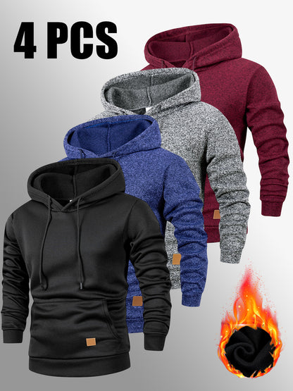4er-Set Warmes Kapuzenpullover-Set, Herbst-Winter Freizeit Minimalistisches einfarbiges Langarm-Thermooberteil mit Kängurutasche und verstellbarer Kapuze mit Kordelzug