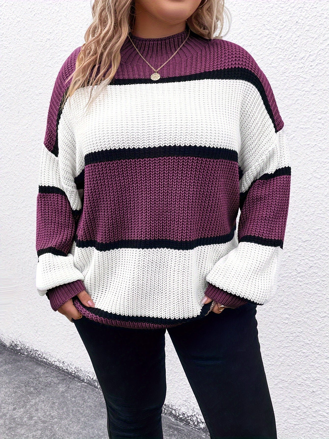 Übergröße, Neuer gestreifter Pullover für Damen Herbst/Winter, Farbblock-Lässig-Stil, Langarmshirt mit Rundhalsausschnitt