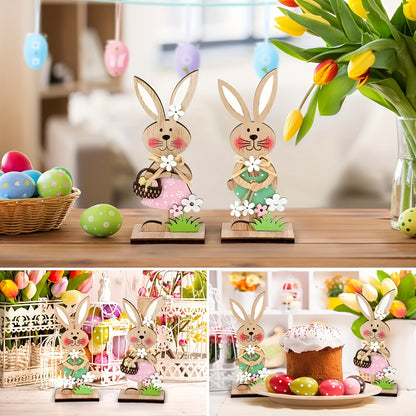 2D Flach, 2 Stück Holz-Osterhasen-Schreibtisch-Dekorationsset mit Blumenakzenten und Korb - Kein Stromanschluss erforderlich, perfekt für Garten- und Heimdekoration, Hasen-Zubehör, 2D Flach