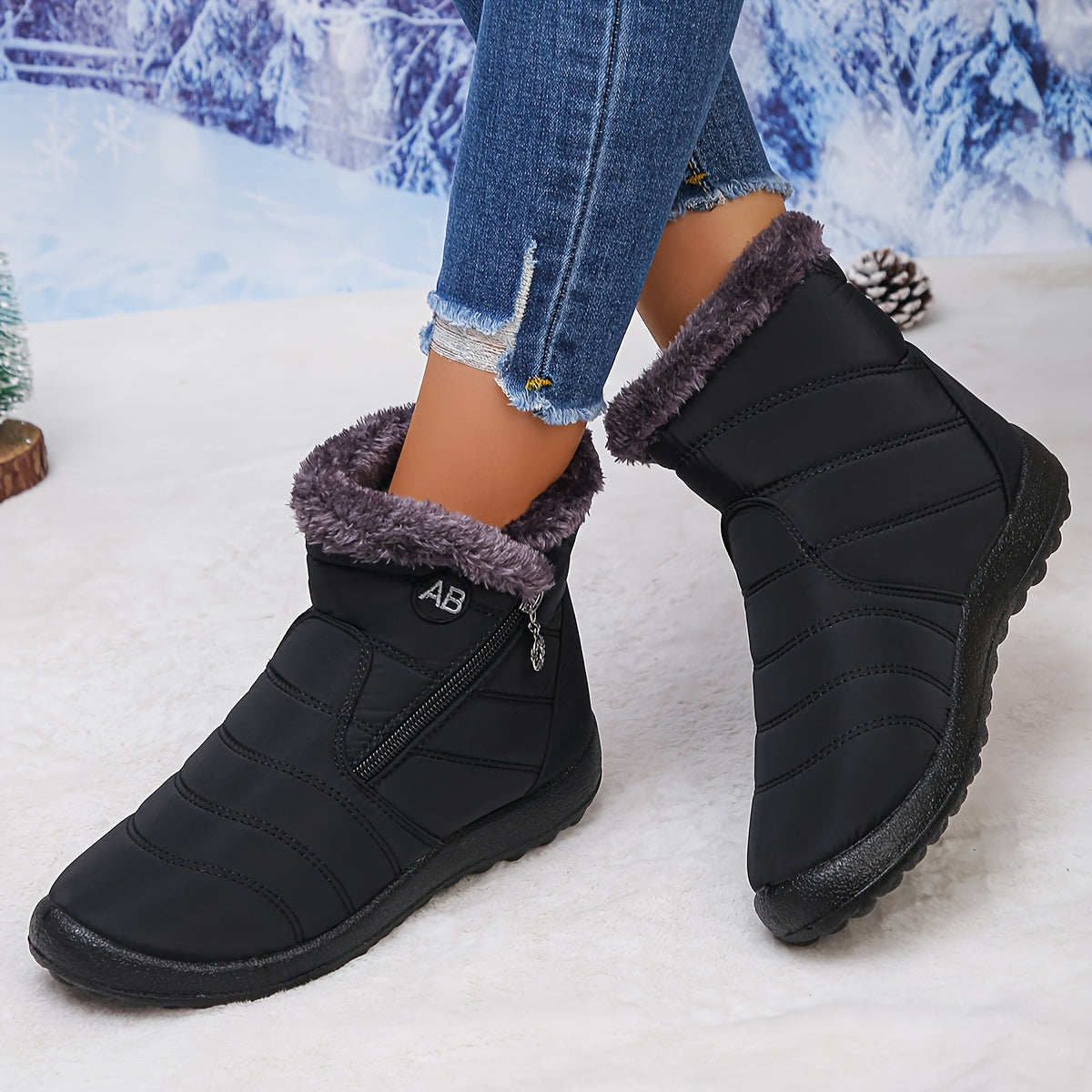 Damen Stiefeletten mit flauschigem Kragen, stilvolle Winterschuhe, bequemes Slip-On-Design, trendige kurze Stiefel, perfekt für kaltes Wetter