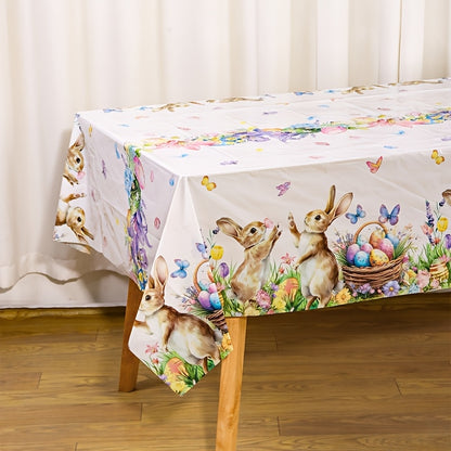 1 Stück festliche Tischdecke mit verspielten Motiven von Hasen, Ostereiern und Tulpen, Maße 130 x 220 cm. Diese Einweg-Kunststoff-Tischdecke in rechteckiger Form ist perfekt für Osterfeiern, Picknicks und heimisches Essen.