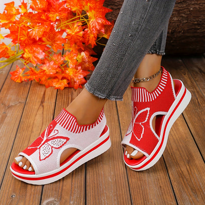Atmungsaktive gestrickte Mesh-Damen-Casual-Sandalen mit Schmetterlingsmuster | Offene Zehen, Riemchen hinten, Positionierungsdruck, Synthetisches Kunstleder-Fußbett, Stoffinnendetails, TPR-Sohle