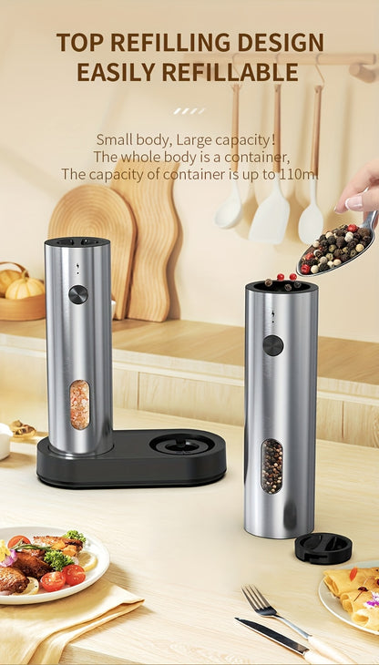1 oder 2-teilige - Elektonische Salz/Pfeffermühle ,Edelstahl , USB-aufladbar (2er Set mit Aufladestation) , Licht