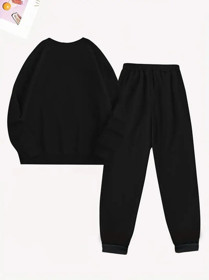2-teiliges künstlerisches, elegantes Grafik-Slogan-gedrucktes Y2K-Stil neues Damen-Casual-Sport Set mit Rundhals-Pullover mit langen Ärmeln und Hose