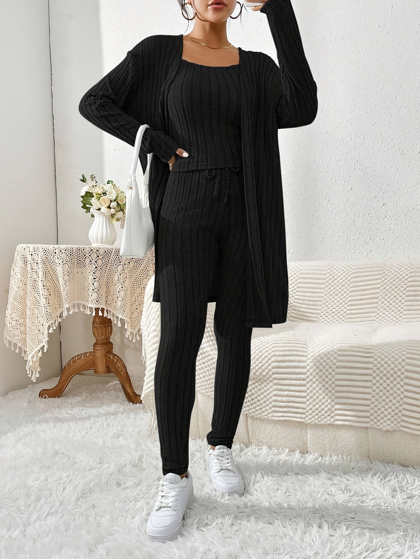 Übergröße, Damen Freizeit Strickjacke mit langen Ärmeln, Top und enge Hose Set, Übergröße Damen Herbst/Winter Dreiteiliges Hosen-Set