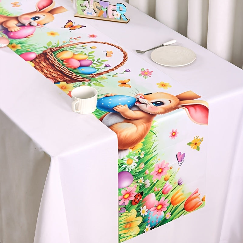 1 Stk. Frühling Oster-Tischdecke, lebendige Hasen, Eier, Blumen & Schmetterlings-Design Tischdecke, saisonale Frühlings-Küchen- und Esstischdekoration, Feiertags-Party-Outdoor-Dekor, Frohe Ostern Dekorationen für Zuhause, Landhausstil