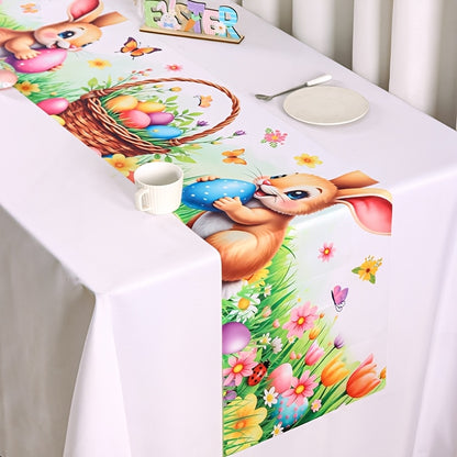 1 Stk. Frühling Oster-Tischdecke, lebendige Hasen, Eier, Blumen & Schmetterlings-Design Tischdecke, saisonale Frühlings-Küchen- und Esstischdekoration, Feiertags-Party-Outdoor-Dekor, Frohe Ostern Dekorationen für Zuhause, Landhausstil