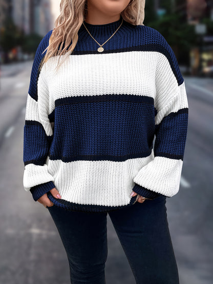 Übergröße, Neuer gestreifter Pullover für Damen Herbst/Winter, Farbblock-Lässig-Stil, Langarmshirt mit Rundhalsausschnitt