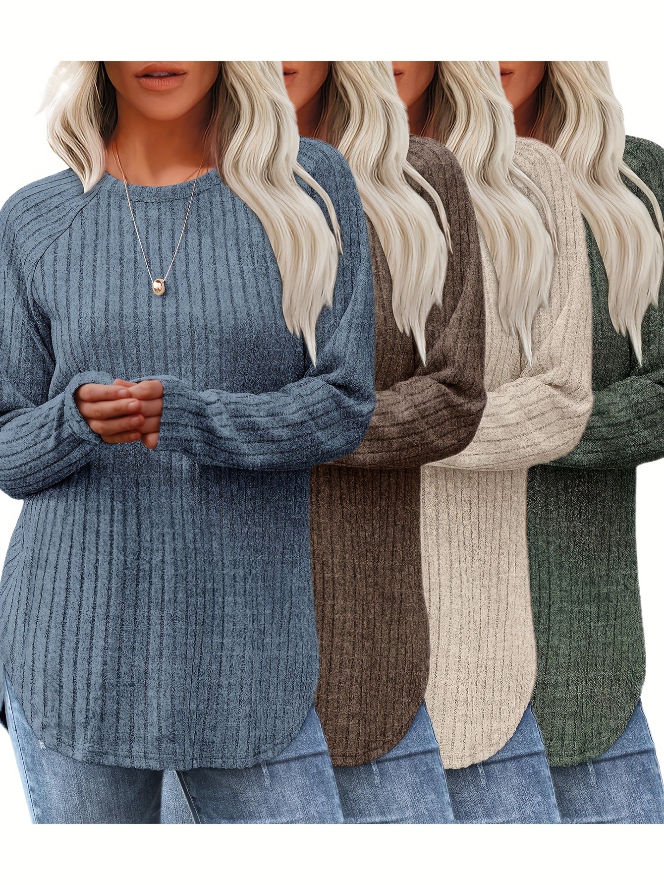 Vierteiliges Set Damenmode Oberteil Herbst Winter Basic Locker Elegant Rundhals Langarm Pullover