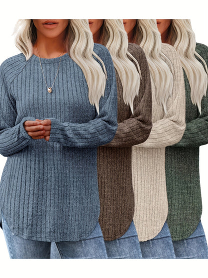 Vierteiliges Set Damenmode Oberteil Herbst Winter Basic Locker Elegant Rundhals Langarm Pullover