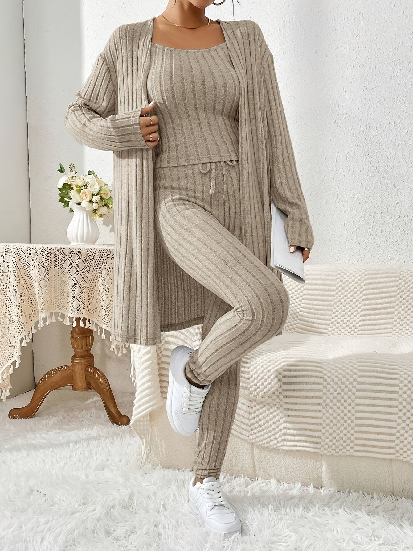 Übergröße, Damen Freizeit Strickjacke mit langen Ärmeln, Top und enge Hose Set, Übergröße Damen Herbst/Winter Dreiteiliges Hosen-Set