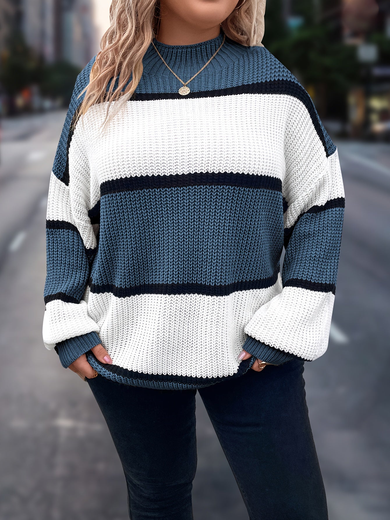 Übergröße, Neuer gestreifter Pullover für Damen Herbst/Winter, Farbblock-Lässig-Stil, Langarmshirt mit Rundhalsausschnitt